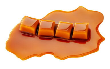 Four square pieces toffee caramel close-up isolated on white background.  Caramel candies with sweet sauce