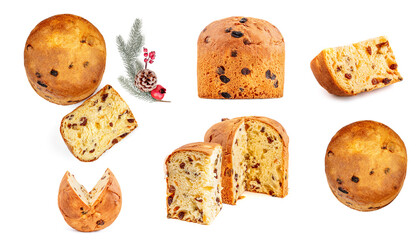 Set of Christmas cake  isolated on white background. Panettone or Fruit Festive  cake Top view. .