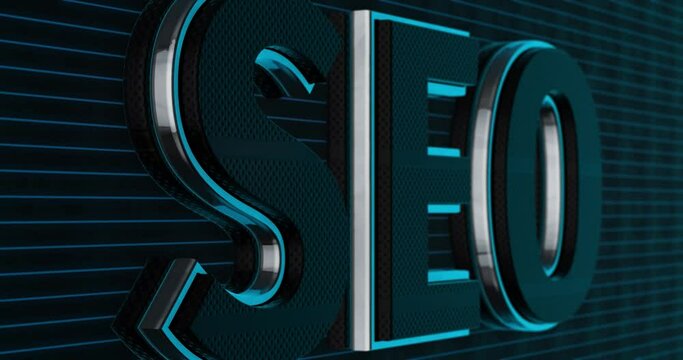 SEO, Search Engine Optimization. Modern 3D Promotion Intro. Metal Text Logo. Blue glow. Black Background