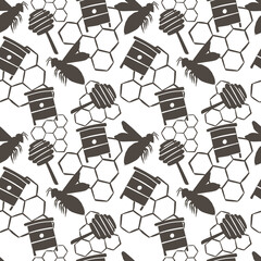 Little bee ornament seamless doodle pattern. Brown colored hives, honeycombs, honey spoons simple silhouettes on white background.