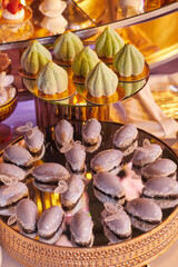 Delicious candy bar. Table with sweets, candies, dessert