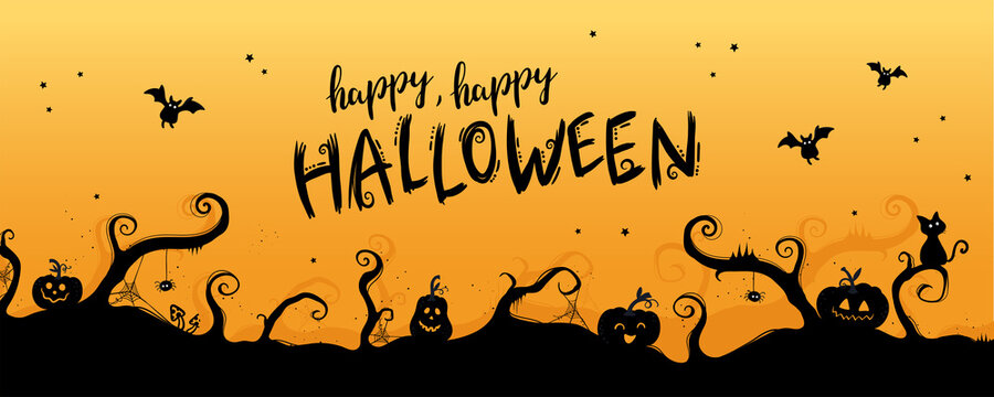 Fun hand drawn halloween design with pumpkins, bats and decoration.