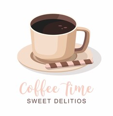 Black coffee in cup. Poster vector template for cafe.