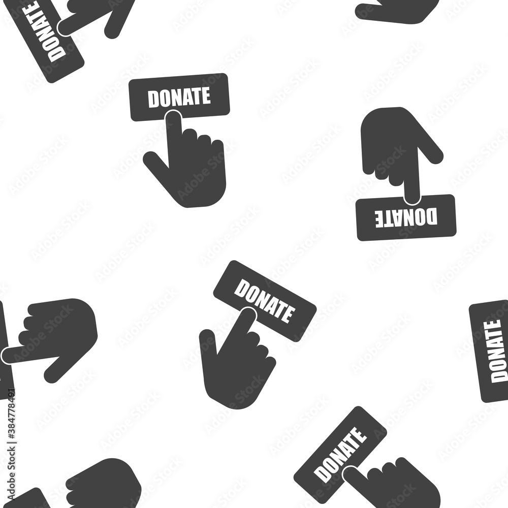 Poster vector icon hand presses button donate seamless pattern on a white background.
