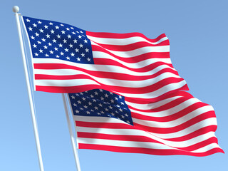 The flags of United States and United States state on the blue sky. For news, reportage, business. 3d illustration