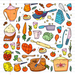 Pattern with gastronomy icons, vector cuisine and fast food cafe bright background for menu, receipts.