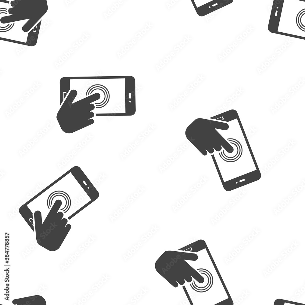 Poster the hand clicks on the button smartphone. cursor icon seamless pattern on a white background.