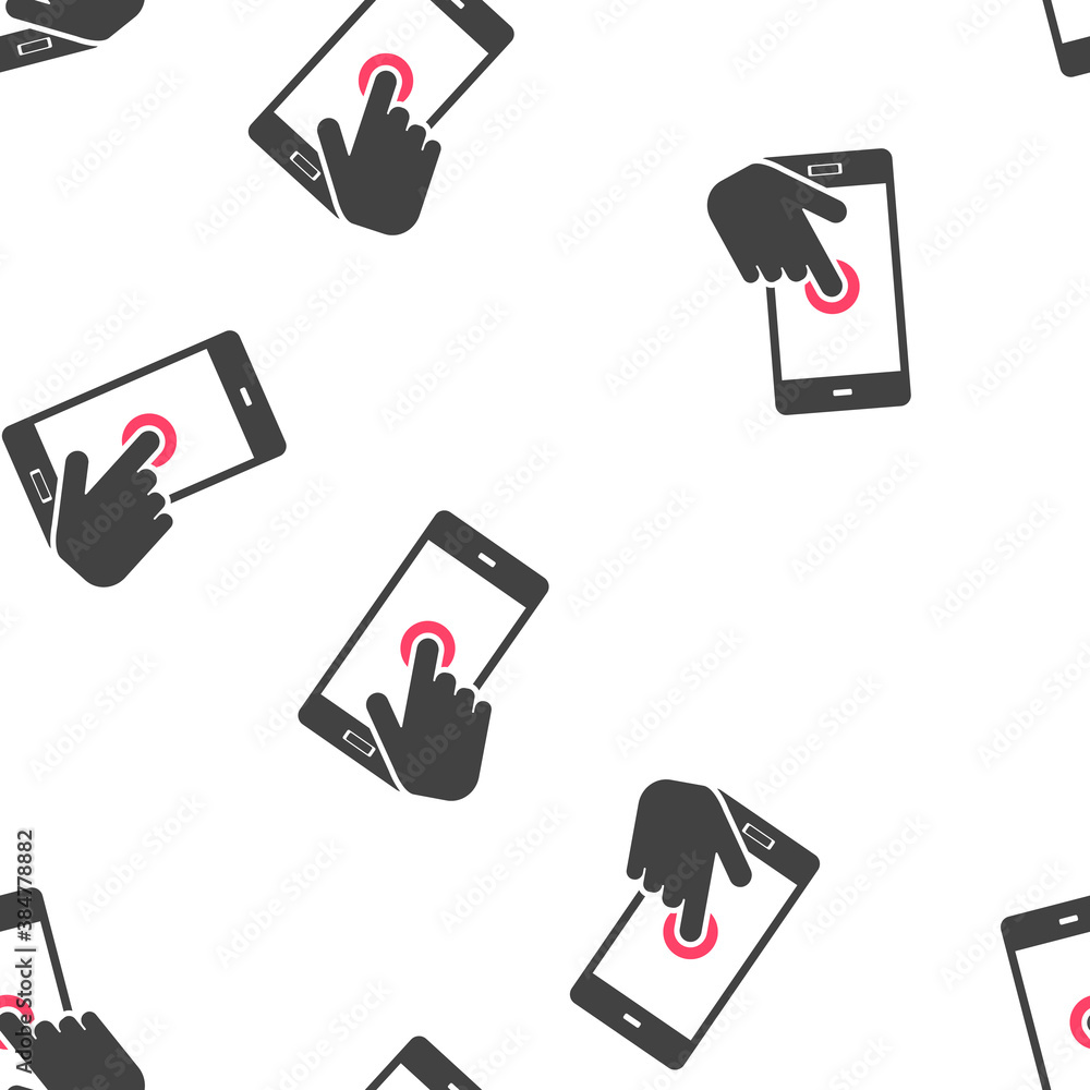 Poster the hand clicks on the button smartphone. cursor icon seamless pattern on a white background. layers