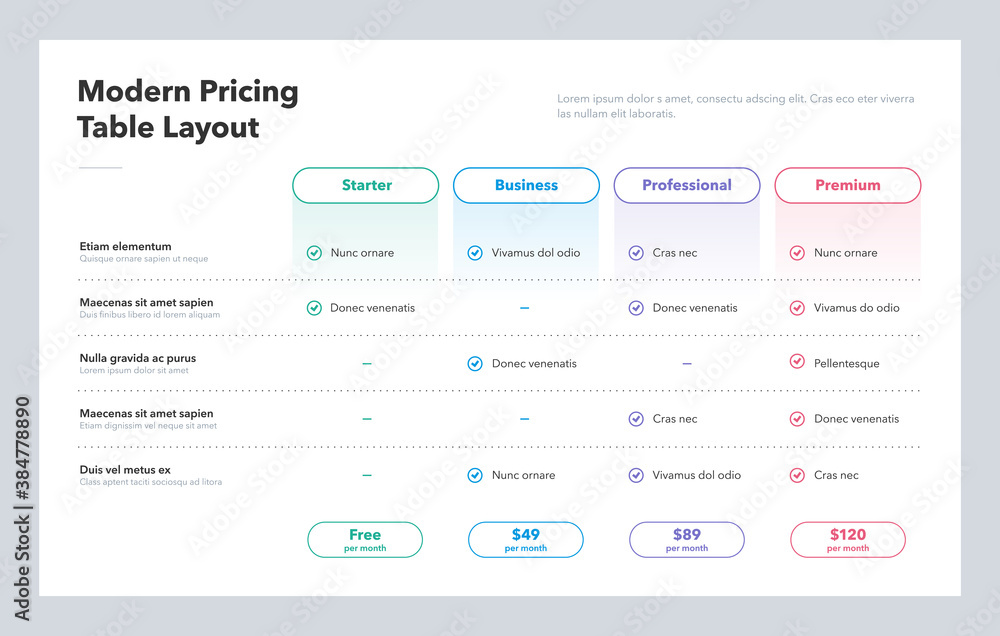 Wall mural Modern pricing table layout with four subscription plans. Flat infographic design template for website or presentation.