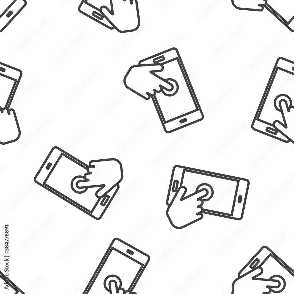 Poster the hand clicks on the button smartphone. cursor icon seamless pattern on a white background. layers