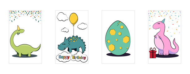 Children's cards on which painted cute dinosaurs of different types and a dinosaur egg, characters for cartoons. © Anastassiya 