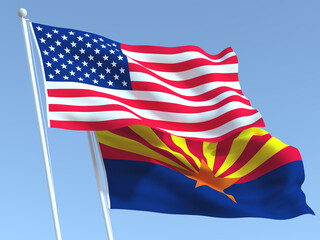 The flags of United States and Arizona state on the blue sky. For news, reportage, business. 3d illustration