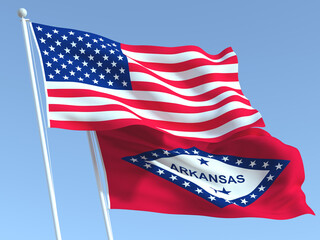 The flags of United States and Arkansas state on the blue sky. For news, reportage, business. 3d illustration