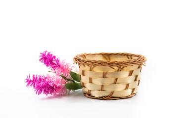 Fototapeta na wymiar Beautiful festive composition wicker basket and lavender flowers, on white isolated background