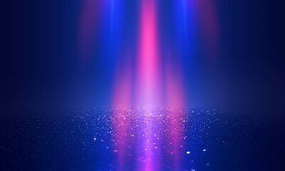 Multicolored neon shapes on a dark abstract background. Empty scene background, blurred neon ultraviolet light, bokeh.