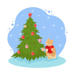 New year cartoon illustration. Funny scene with a cat wearing a scarf and a Christmas tree with balls.