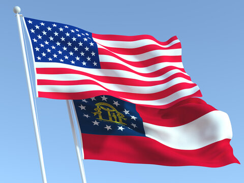 The flags of United States and Georgia state on the blue sky. For news, reportage, business. 3d illustration