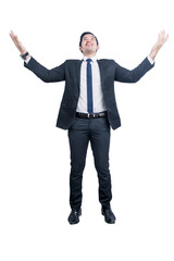 Asian businessman standing and raised hand