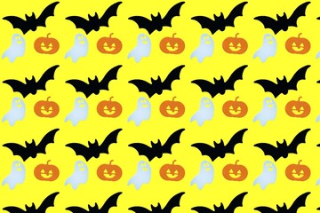 
Halloween seamless pattern with pumpkins, bat and ghosts on a yellow background wrapping paper.