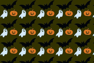 Halloween seamless pattern with pumpkins, bat and ghosts on a green background.Wrapping paper.