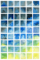Square watercolour mosaic. Gradient texture on white background. Abstract blot effects.