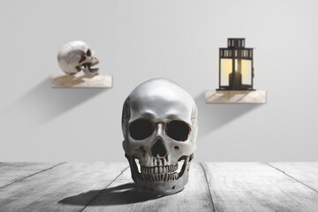 Human skull on a wooden table