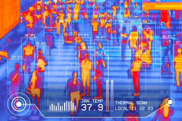 international passengers infrared thermal heat scan imaging camera sensor at airport seeking high...