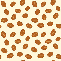 Brown coffee beans on a beige background. Vector seamless pattern for coffee house, coffee shop, cafe, restaurant, wrapping paper, packaging, wrapper, sales banner, flyer, printing on fabric, textile