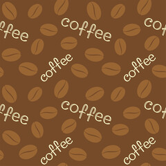 Coffee hand lettering and coffee beans on a brown background. Vector seamless pattern for coffee shop, cafe, restaurant, packaging, wrapper, wrapping paper, sales banner, printing on textile and menu