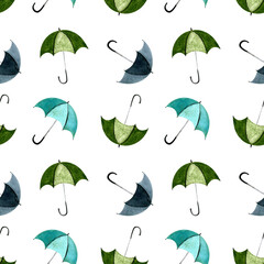 Seamless pattern with umbellas on white background. Watercolor illustration