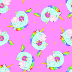 Cute bright sleeping rainbow unicorn creature with donut seamless pattern template. Colorful cartoon vector illustration for icons, emoji symbols, games, background, pattern, decor. Print for fabrics 