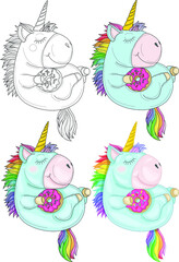 Cute bright sleeping rainbow unicorn creature with donut template set. Colorful cartoon vector illustration in color and black and white for icons, games, pattern, decor. Coloring paper, page, book
