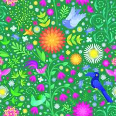 Fototapeta na wymiar Vector Color Floral Birds Seamless Pattern