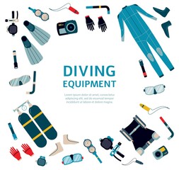 Diving equipment salling and rental banner template, flat vector illustration.
