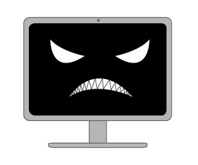 悔しそうな表情の顔つきの黒い画面のパソコン