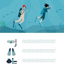Web banner or poster for scuba diving with divers flat vector illustration.