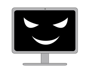 怖い笑いを浮かべている顔つきの黒い画面のパソコン