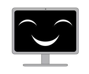 怖い笑いを浮かべている顔つきの黒い画面のパソコン
