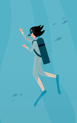 Diver woman character swimming underwater with scuba, flat vector illustration.
