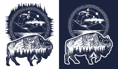 Bison and mountains tattoo art. Buffalo bull travel symbol, adventure tourism. Mountain, forest, night sky. Magic tribal double exposure animals. Black and white vector graphics