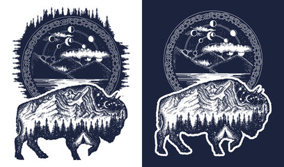 Bison and mountains tattoo art. Buffalo bull travel symbol, adventure tourism. Mountain, forest, night sky. Magic tribal double exposure animals. Black and white vector graphics © intueri