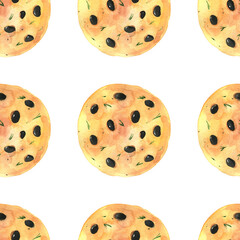 watercolor illustration. hand drawing. Seamless pattern of bakery products.