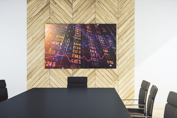 Abstract creative statistics data hologram on presentation tv screen in a modern meeting room, statistics and analytics concept. 3D Rendering