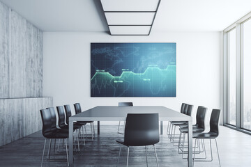 Creative statistics data hologram on presentation tv screen in a modern meeting room, stats and analytics concept. 3D Rendering