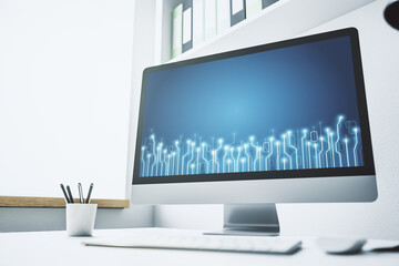 Creative abstract micro chip hologram on modern computer monitor, artificial intelligence and...