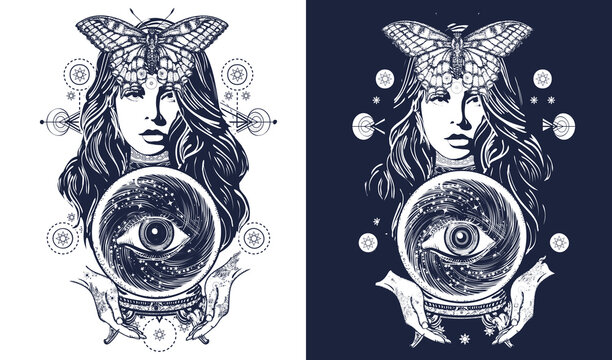 Witch woman t-shirt design. Magic woman tattoo art. Fortune teller, crystal ball, mystic and magic. Occult symbol of the fate predictions. Black and white vector graphics