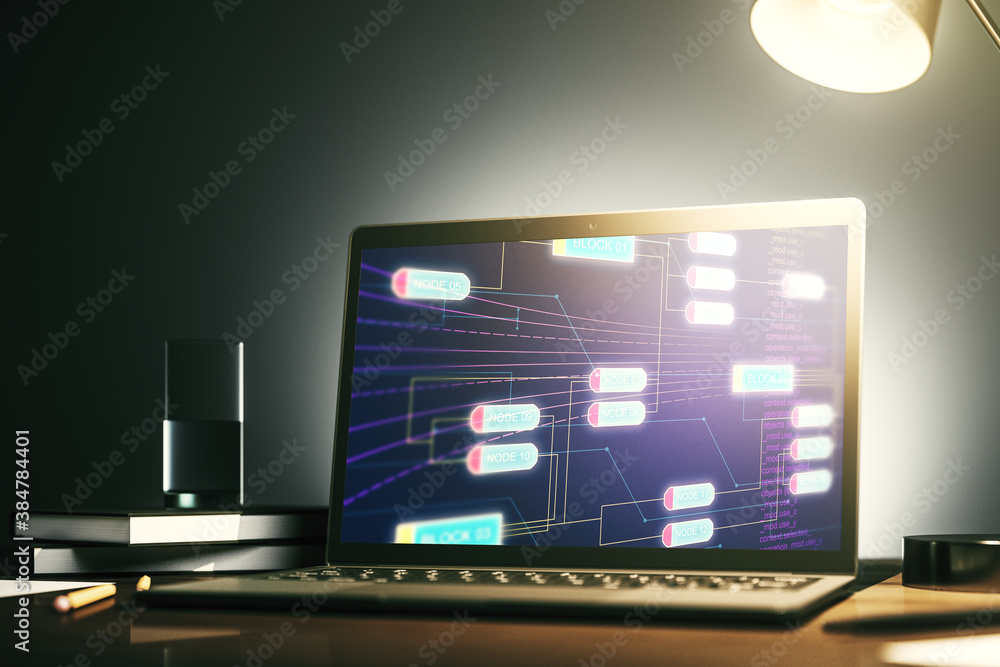 Poster abstract creative coding illustration on modern computer monitor, software development concept. 3d r