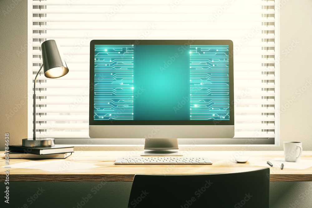 Poster modern computer monitor with circuit hologram. research and development hardware concept. 3d renderi