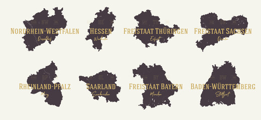 Set 2 of 2 Highly detailed maps vector silhouettes states of Germany with names and capital