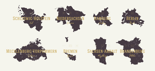 Set 1 of 2 Highly detailed maps vector silhouettes states of Germany with names and capital - obrazy, fototapety, plakaty